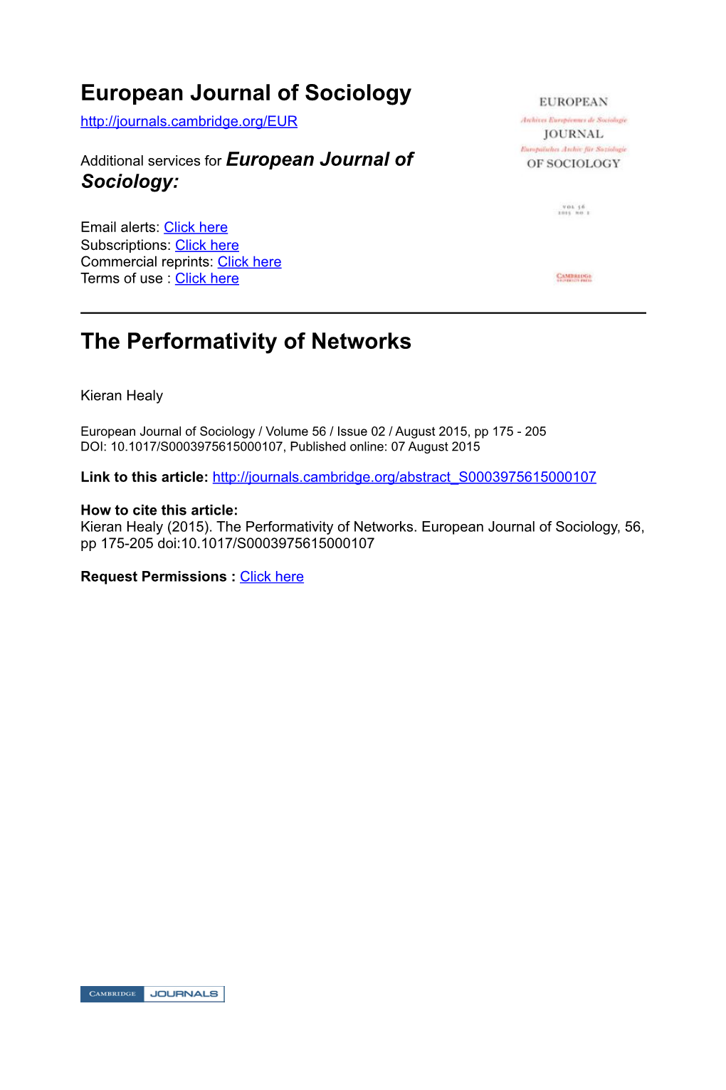 European Journal of Sociology the Performativity of Networks