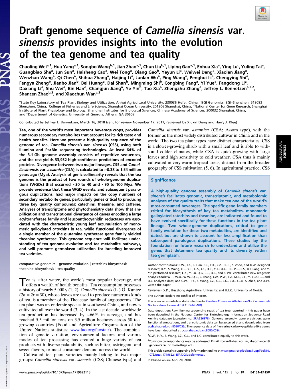 Draft Genome Sequence of Camellia Sinensis Var. Sinensis Provides