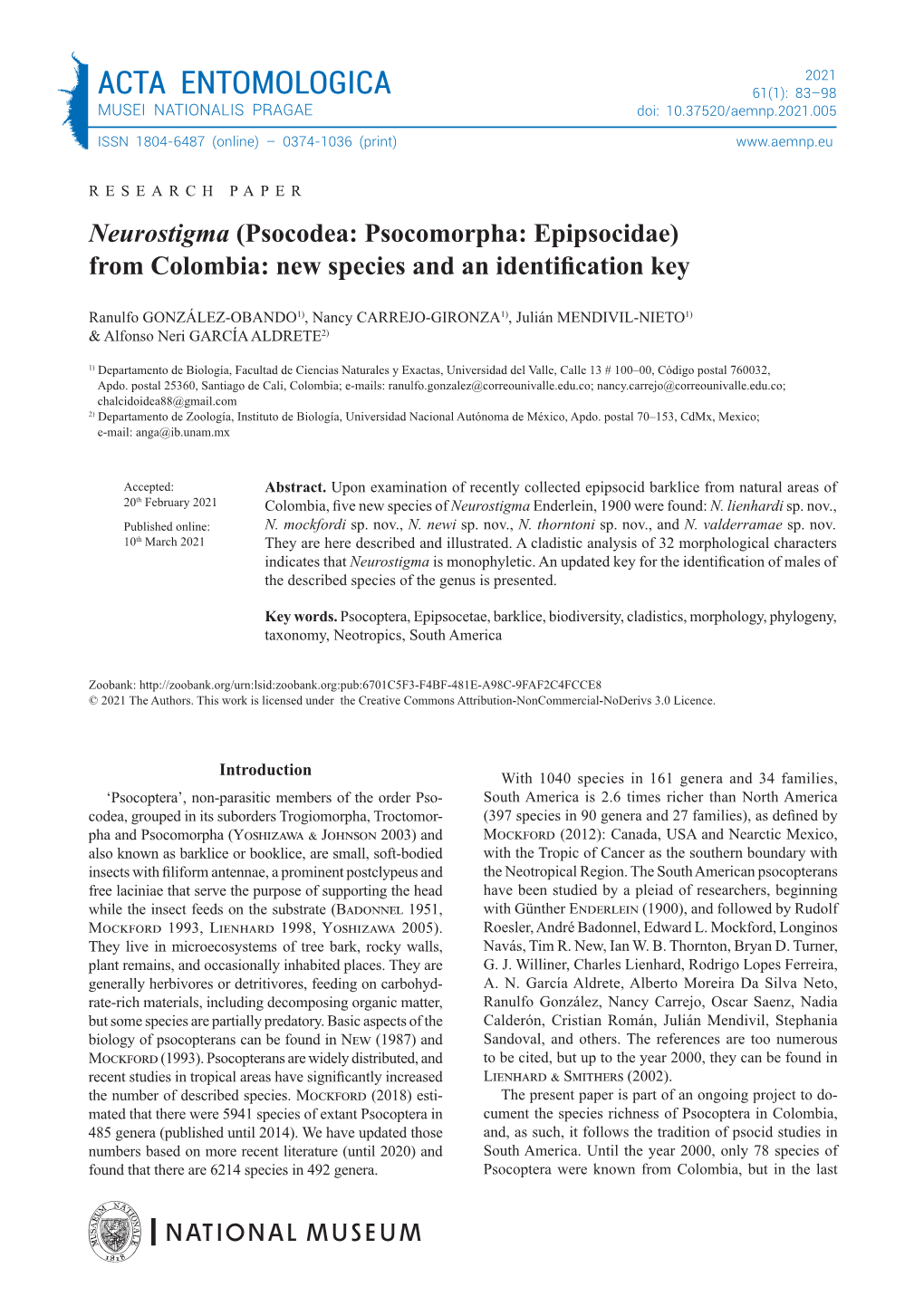 ACTA ENTOMOLOGICA 61(1): 83–98 MUSEI NATIONALIS PRAGAE Doi: 10.37520/Aemnp.2021.005