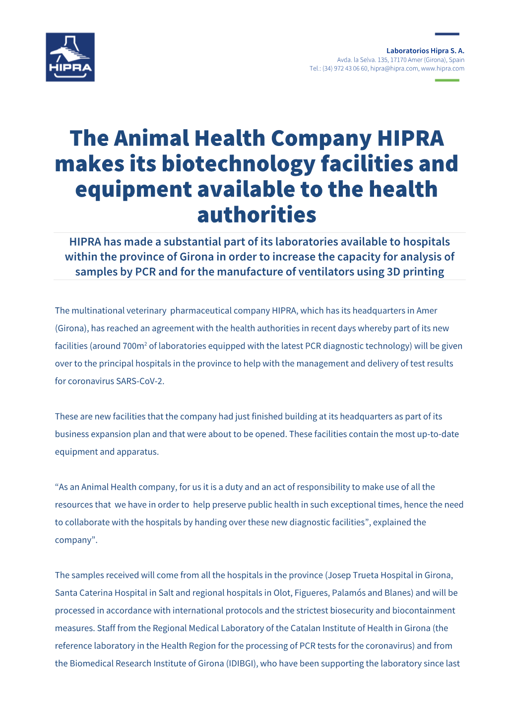 The Animal Health Company HIPRA Makes Its Biotechnology Facilities