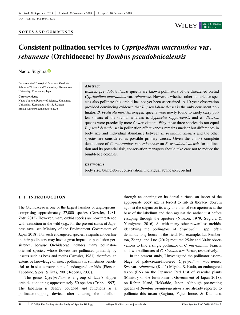 Consistent Pollination Services to Cypripedium Macranthos Var. Rebunense (Orchidaceae) by Bombus Pseudobaicalensis