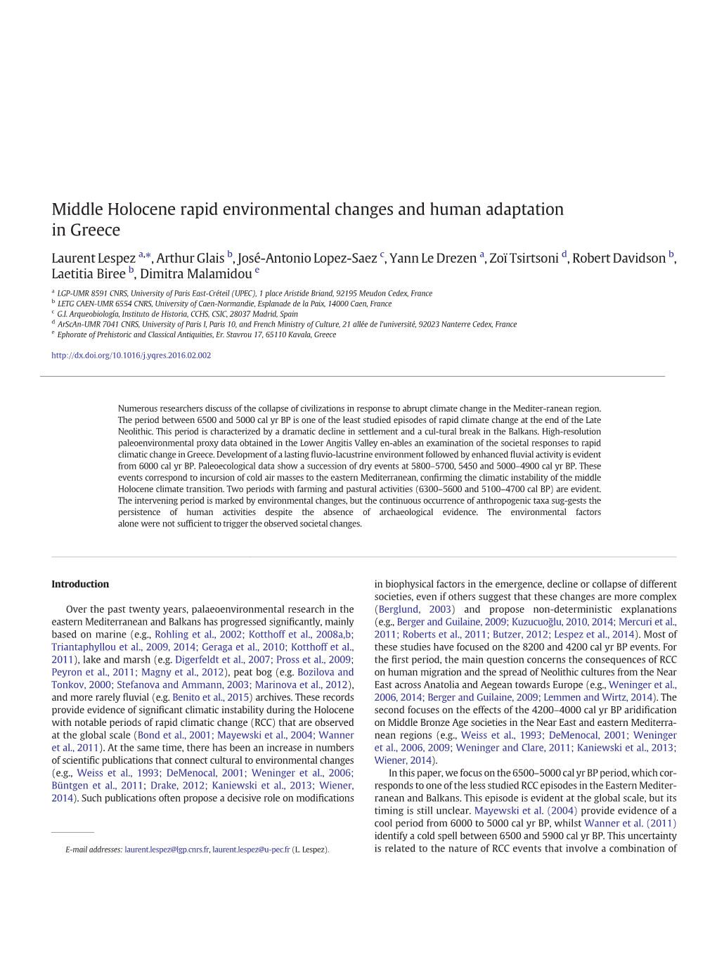 Middle Holocene Rapid Environmental Changes and Human Adaptation in Greece