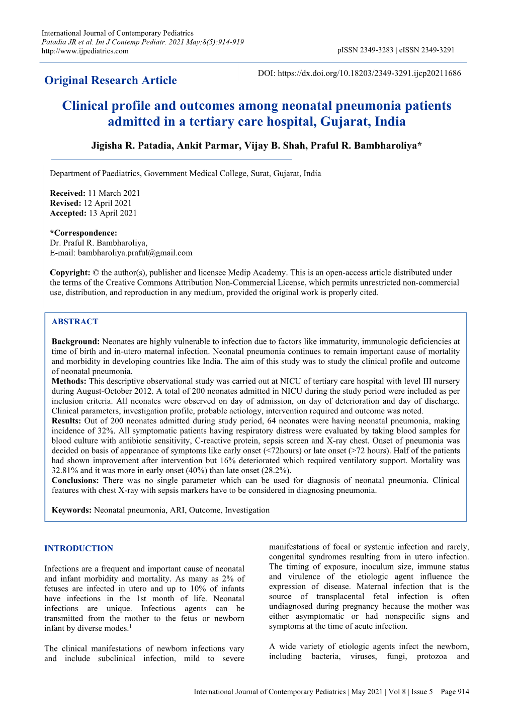 Clinical Profile and Outcomes Among Neonatal Pneumonia Patients Admitted in a Tertiary Care Hospital, Gujarat, India