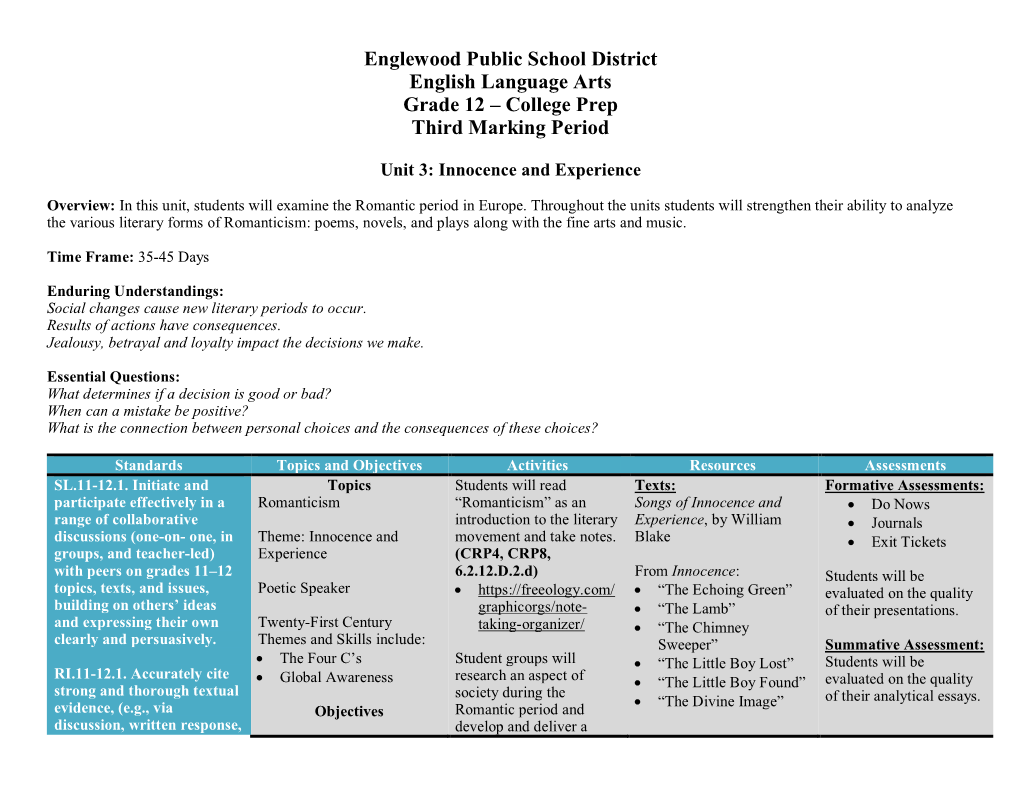 Englewood Public School District English Language Arts Grade 12 – College Prep Third Marking Period