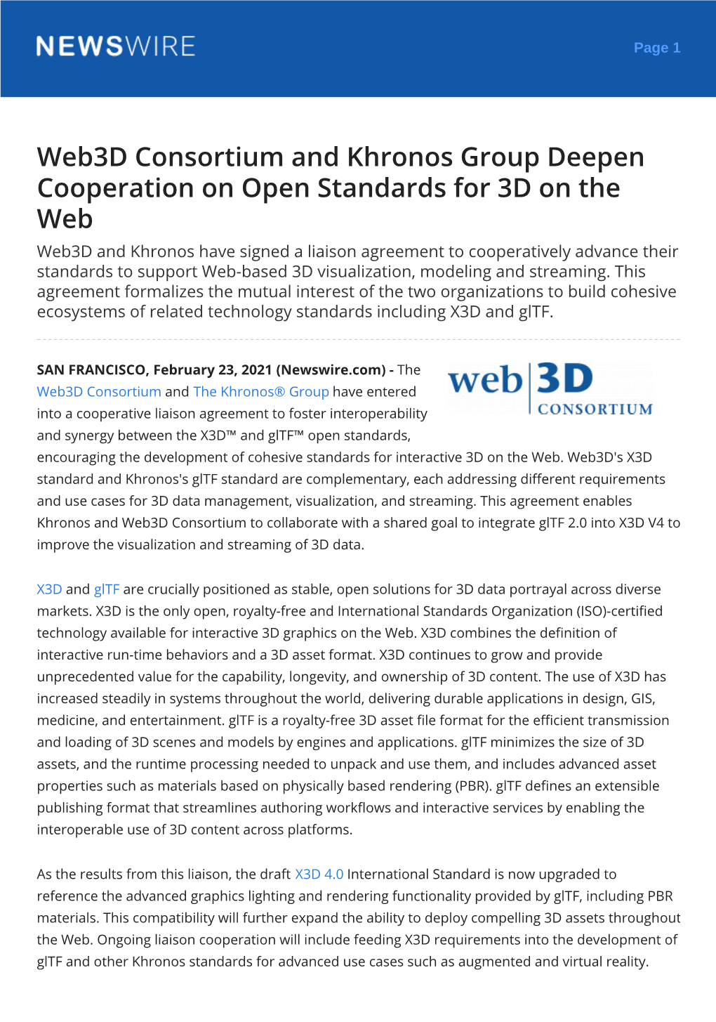 Web3d Consortium and Khronos Group Deepen Cooperation On