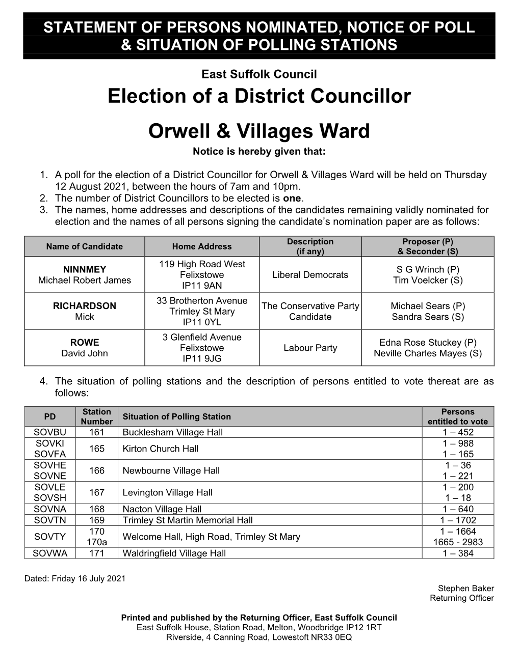 Election of a District Councillor Orwell & Villages Ward