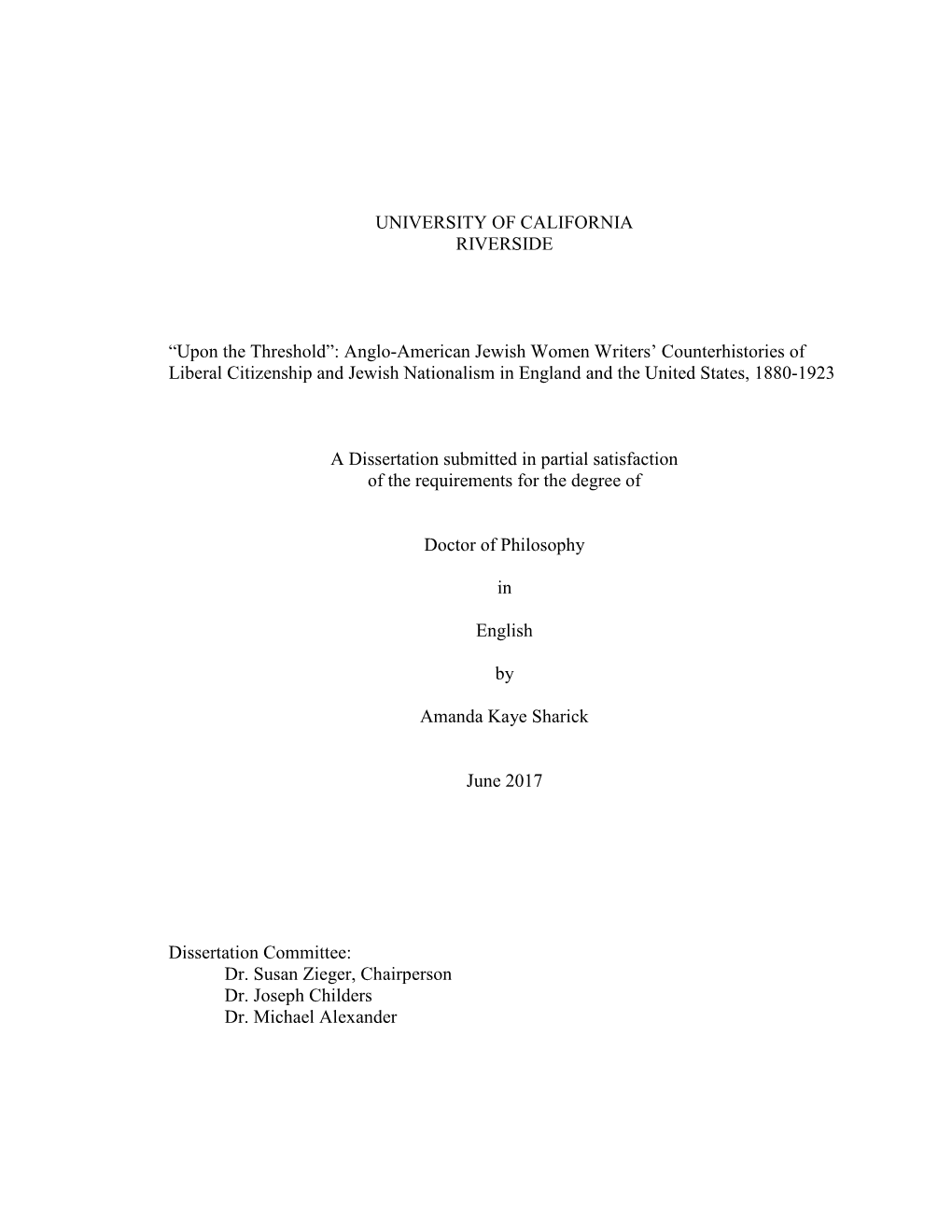 “Upon the Threshold”: Anglo-American Jewish Women Writers’ Counterhistories of Liberal Citizenship and Jewish Nationalism in England and the United States, 1880-1923