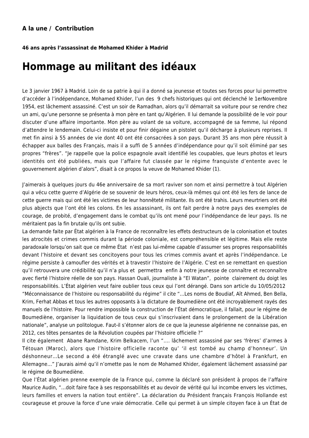 Hommage Au Militant Des Idéaux: Toute L'actualité Sur Liberte-Algerie.Com