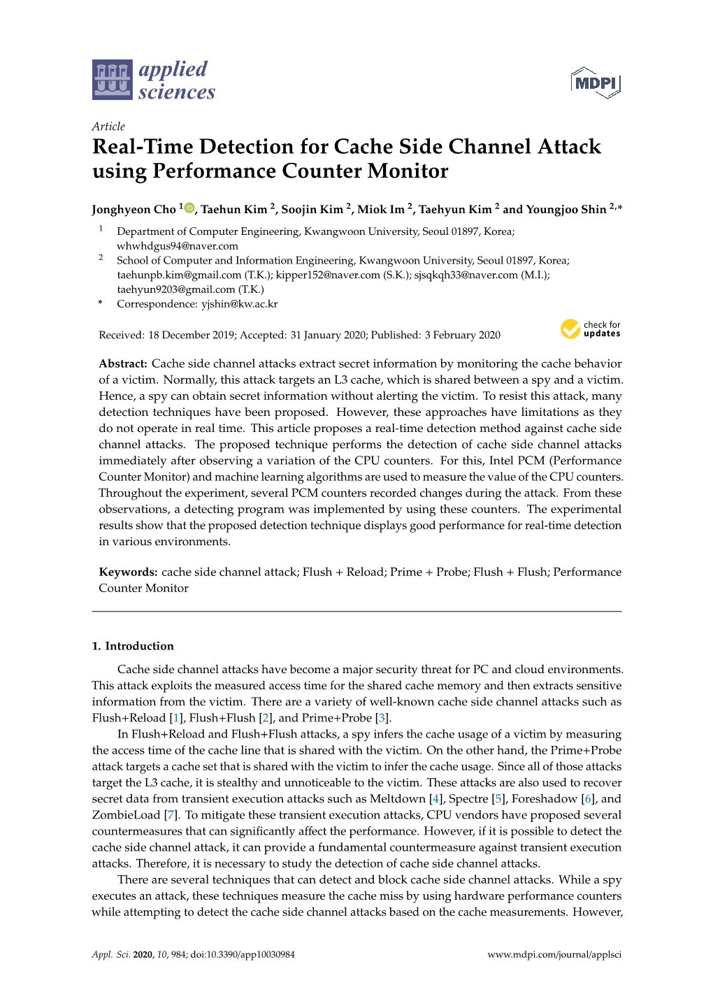 Real-Time Detection for Cache Side Channel Attack Using Performance Counter Monitor