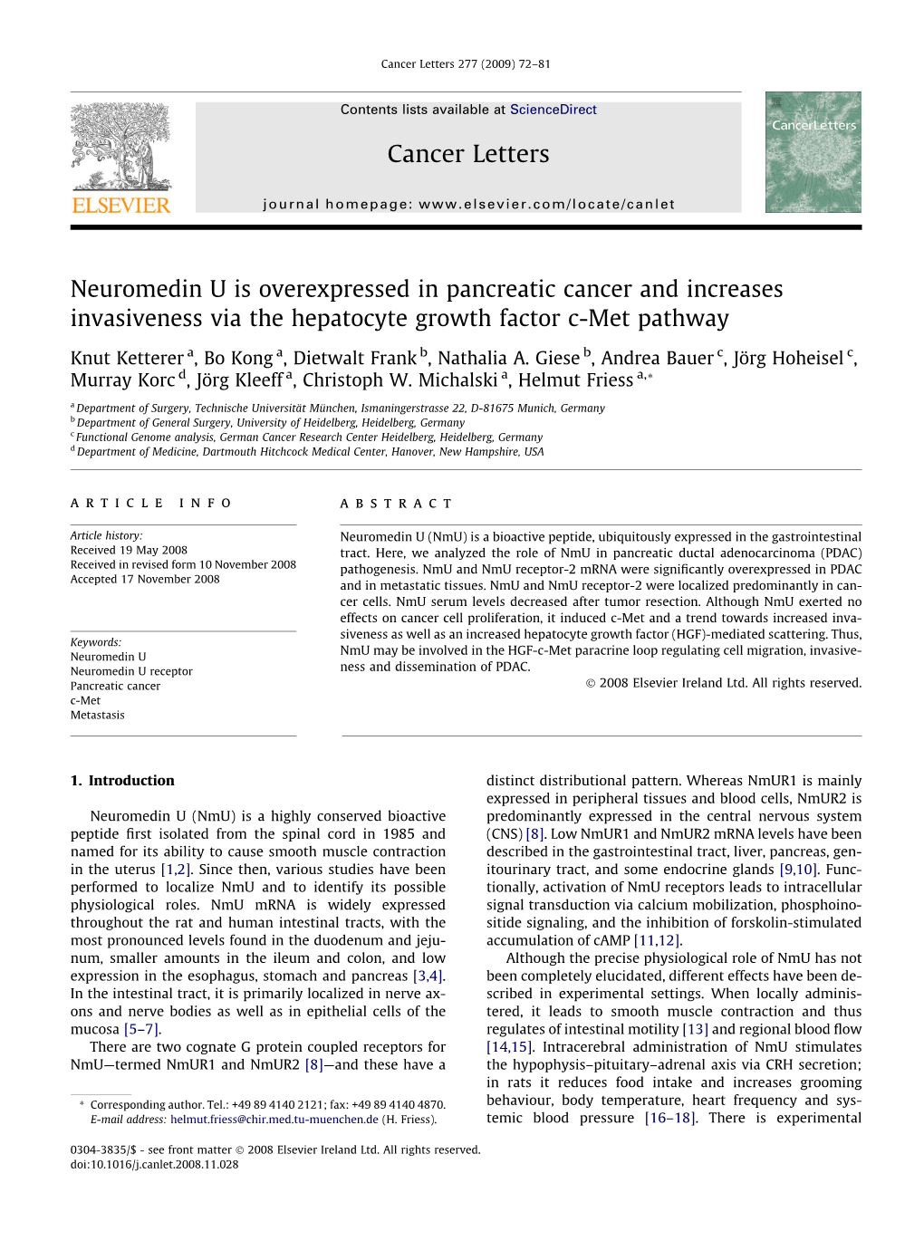 Neuromedin U Is Overexpressed in Pancreatic Cancer and Increases Invasiveness Via the Hepatocyte Growth Factor C-Met Pathway