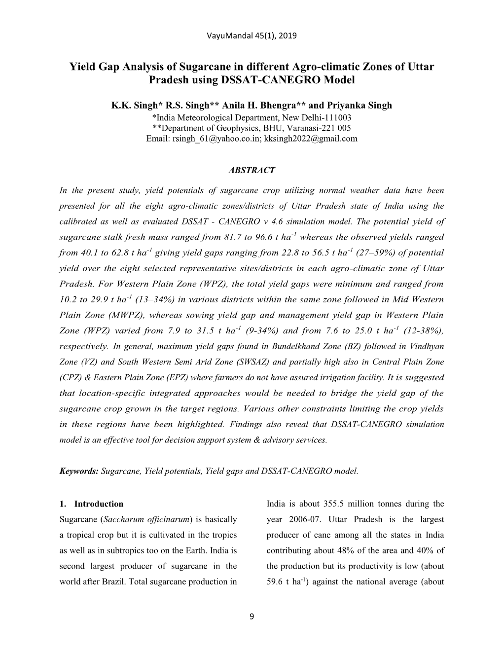 Yield Gap Analysis of Sugarcane in Different Agro-Climatic Zones of Uttar Pradesh Using DSSAT-CANEGRO Model