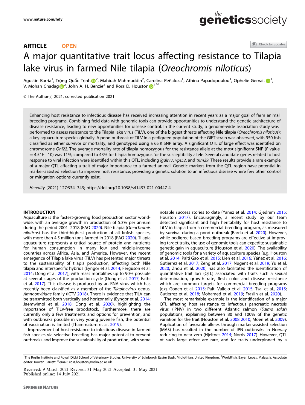 A Major Quantitative Trait Locus Affecting Resistance to Tilapia Lake