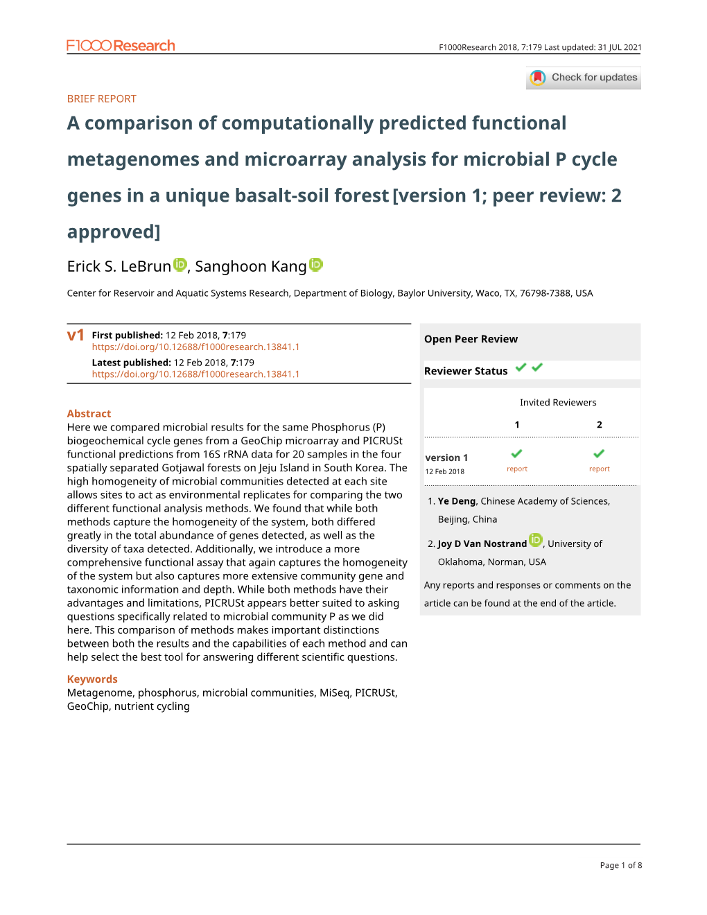 A Comparison of Computationally Predicted Functional Metagenomes and Microarray Analysis for Microbial P Cycle Genes in a Unique