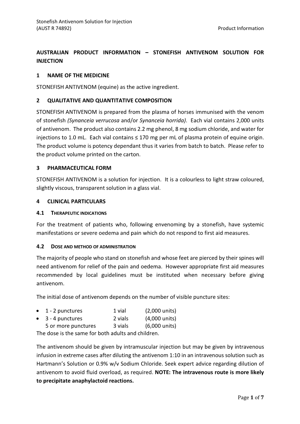 Stonefish Antivenom Solution for Injection (AUST R 74892) Product Information