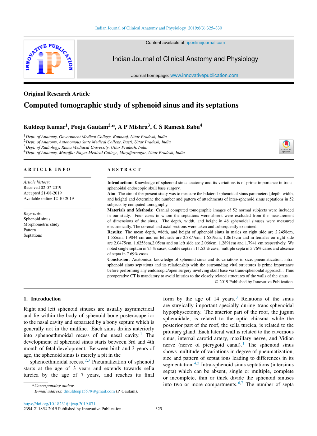 Computed Tomographic Study of Sphenoid Sinus and Its Septations