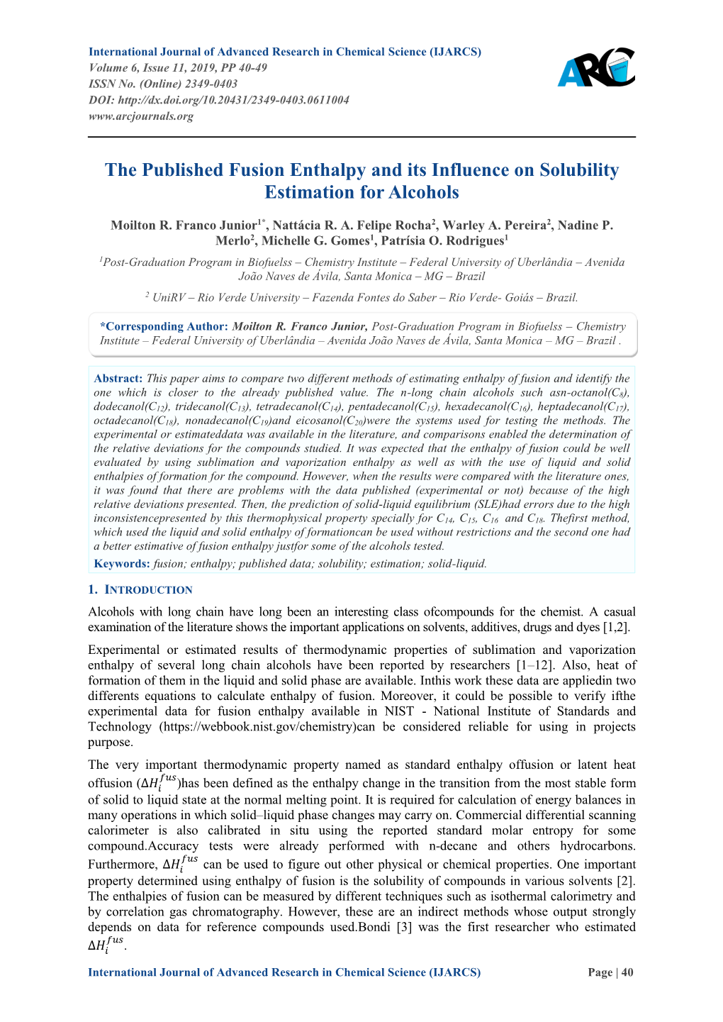 The Published Fusion Enthalpy and Its Influence on Solubility Estimation for Alcohols