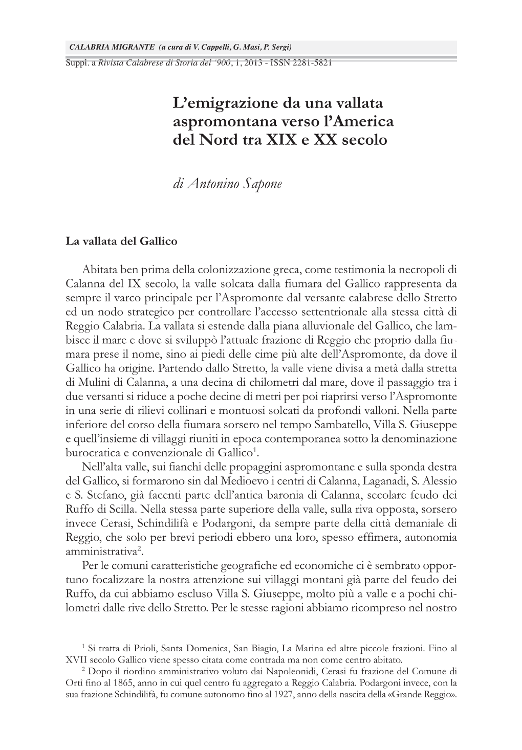 L'emigrazione Da Una Vallata Aspromontana Verso L'america Del