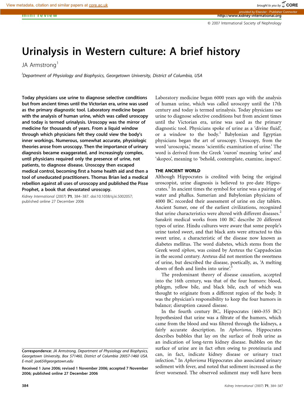 Urinalysis in Western Culture: a Brief History JA Armstrong1