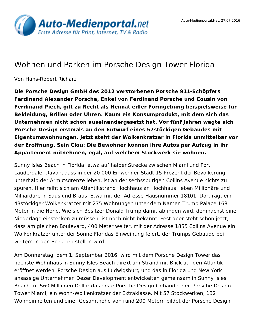 Wohnen Und Parken Im Porsche Design Tower Florida