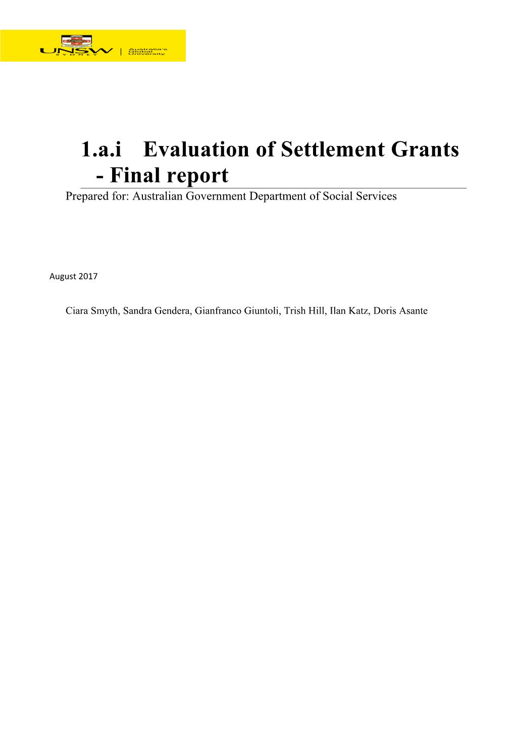 Evaluation of Settlement Grants - Final Report