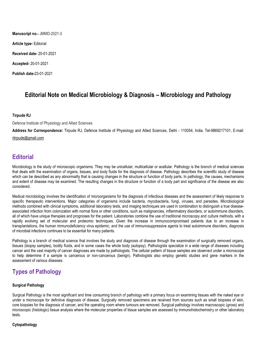 Editorial Note on Medical Microbiology & Diagnosis