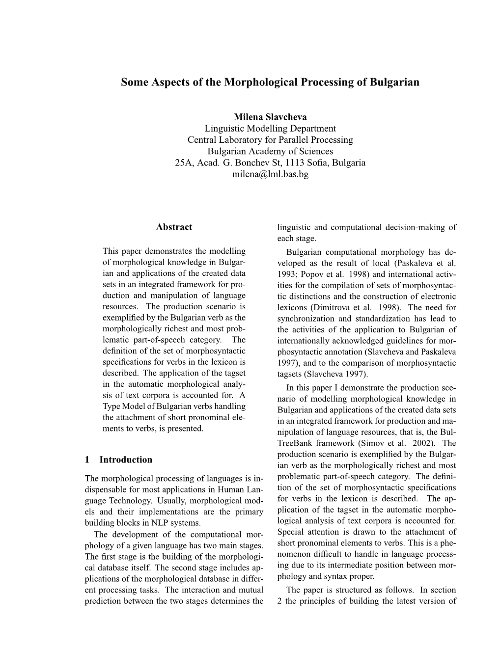 Some Aspects of the Morphological Processing of Bulgarian