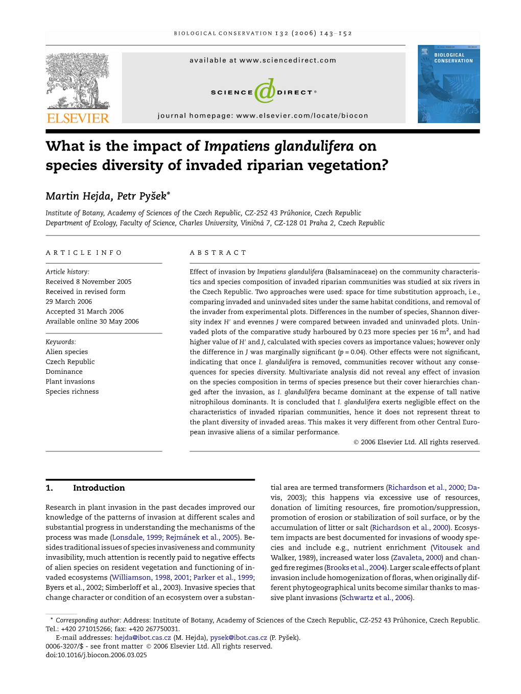 What Is the Impact of Impatiens Glandulifera on Species Diversity of Invaded Riparian Vegetation?