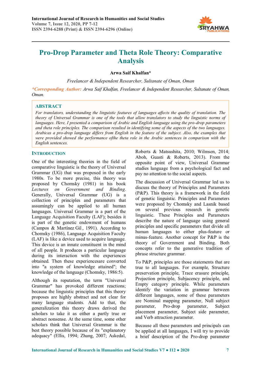 Pro-Drop Parameter and Theta Role Theory: Comparative Analysis