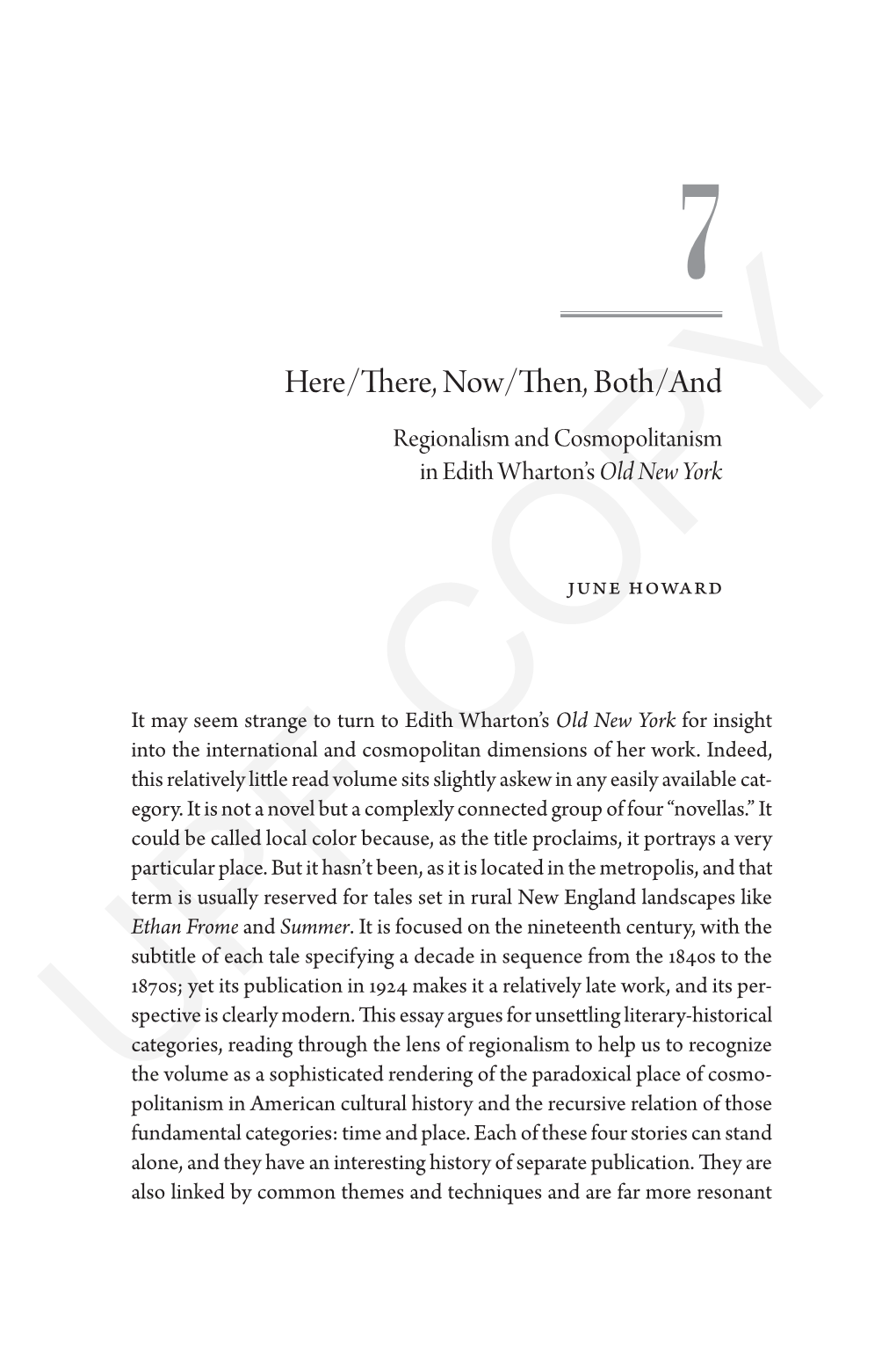 Here/There, Now/Then, Both/And Regionalism and Cosmopolitanism in Edith Wharton’S Old New York