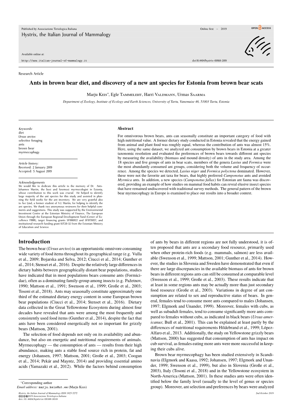 Ants in Brown Bear Diet, and Discovery of a New Ant Species for Estonia from Brown Bear Scats