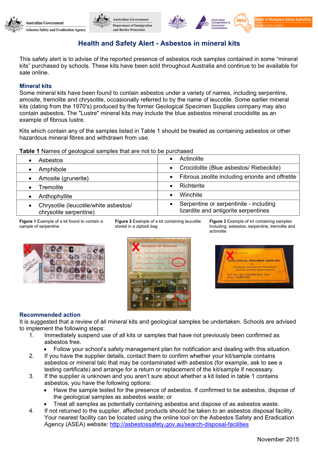 Health and Safety Alert - Asbestos in Mineral Kits