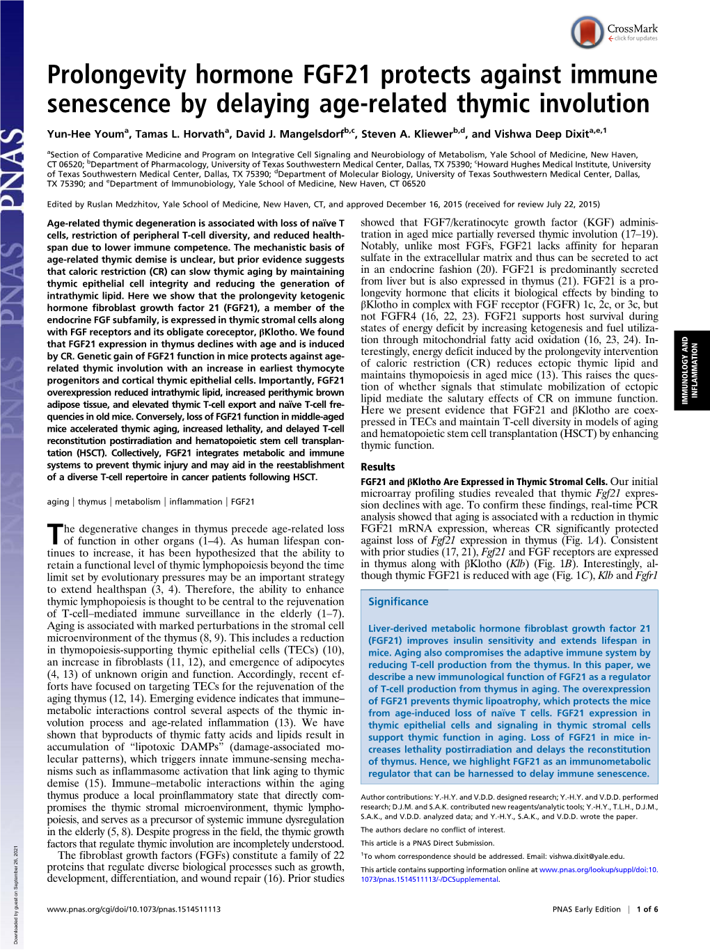 Prolongevity Hormone FGF21 Protects Against Immune Senescence by Delaying Age-Related Thymic Involution