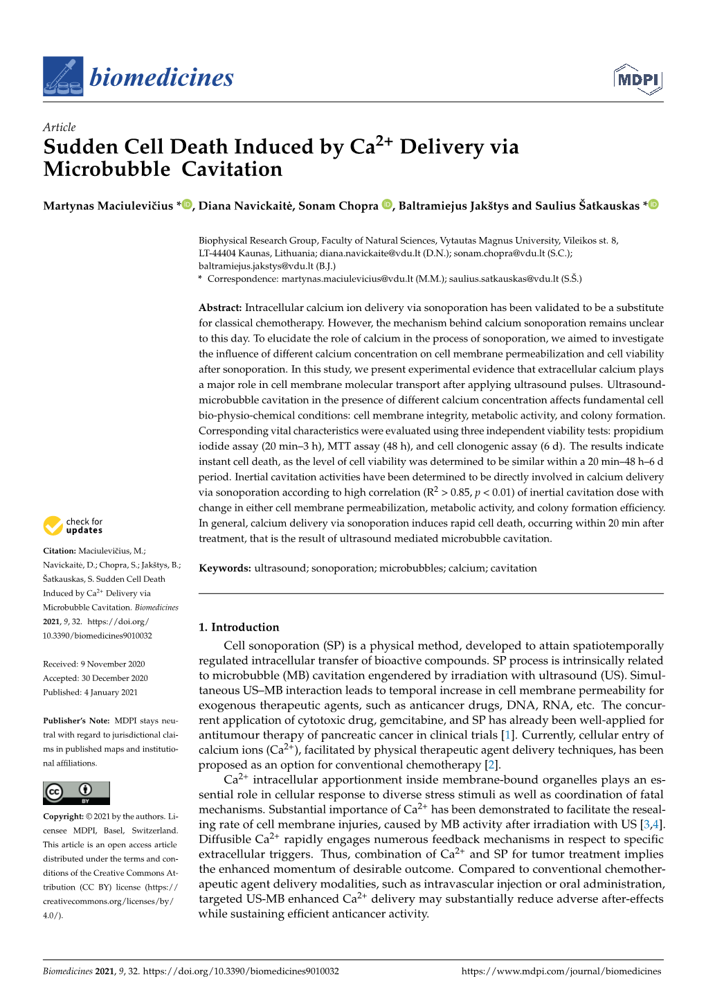 Sudden Cell Death Induced by Ca2+ Delivery Via Microbubble Cavitation