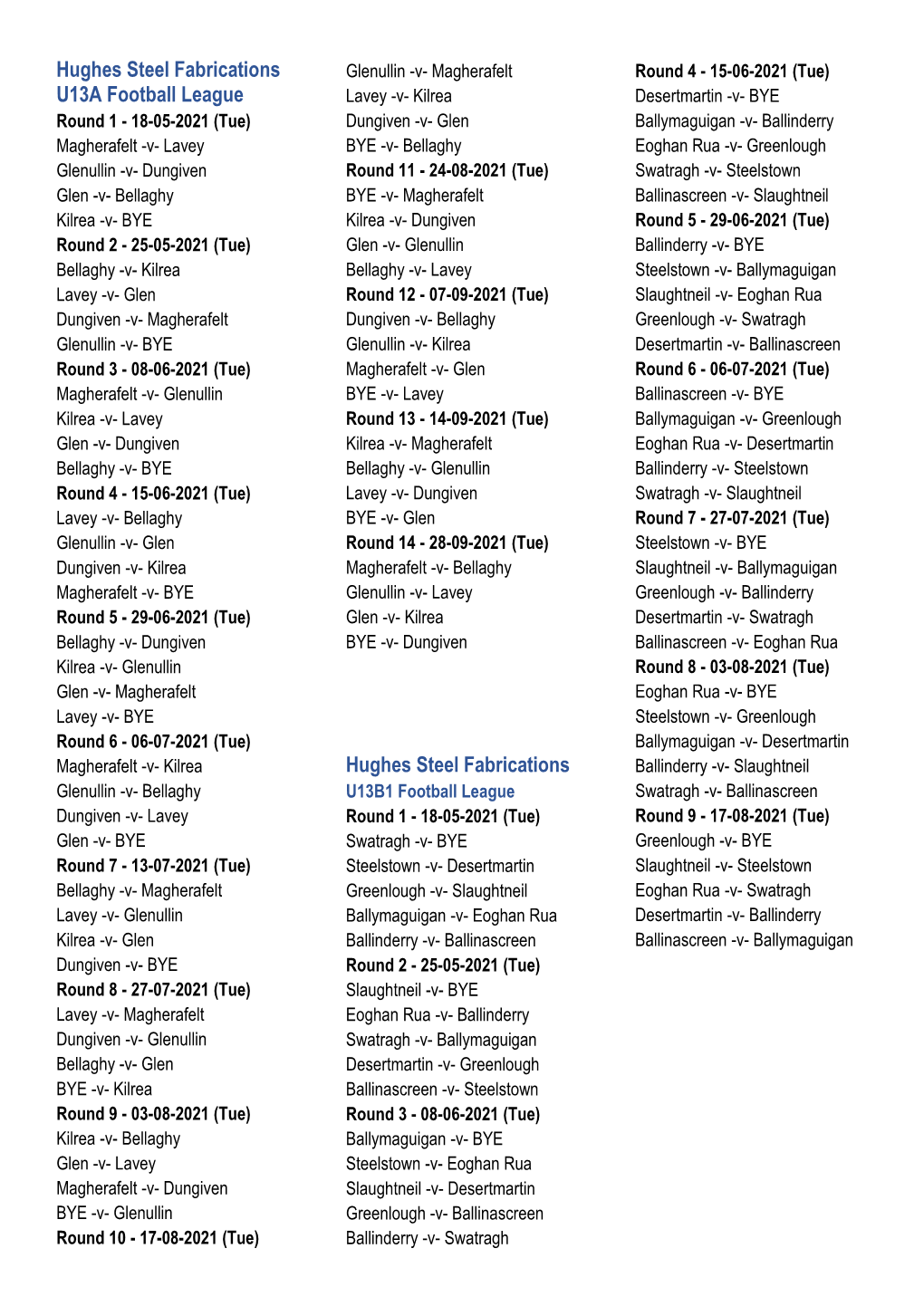 Underage Fixtures 2021