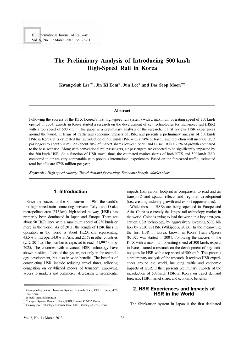 The Preliminary Analysis of Introducing 500 Km/H High-Speed Rail in Korea