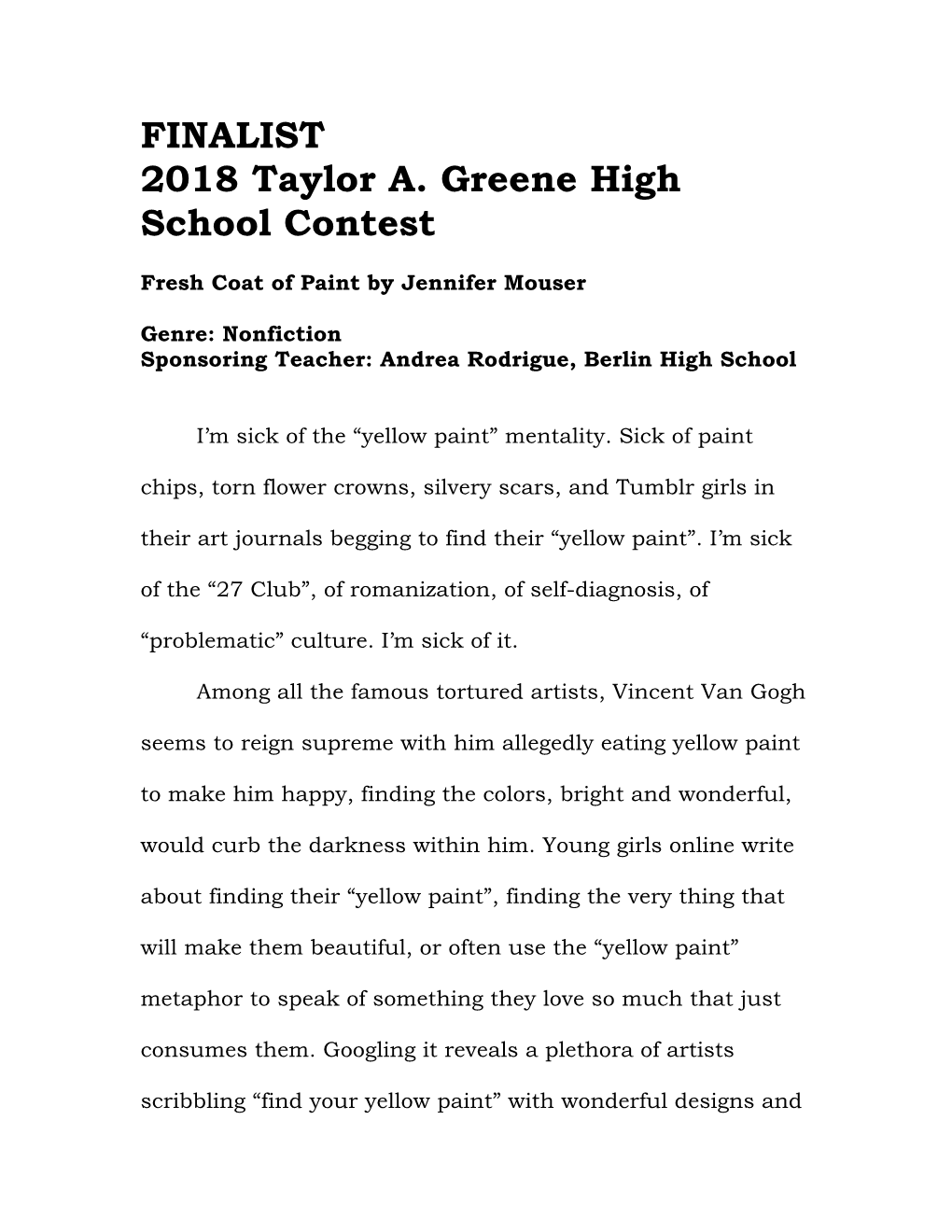 FINALIST 2018 Taylor A. Greene High School Contest