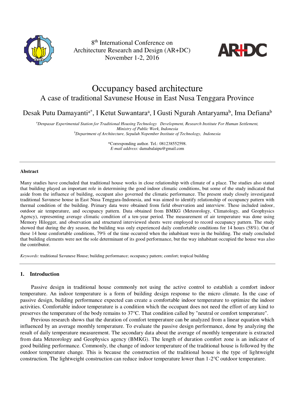 Occupancy Based Architecture a Case of Traditional Savunese House in East Nusa Tenggara Province