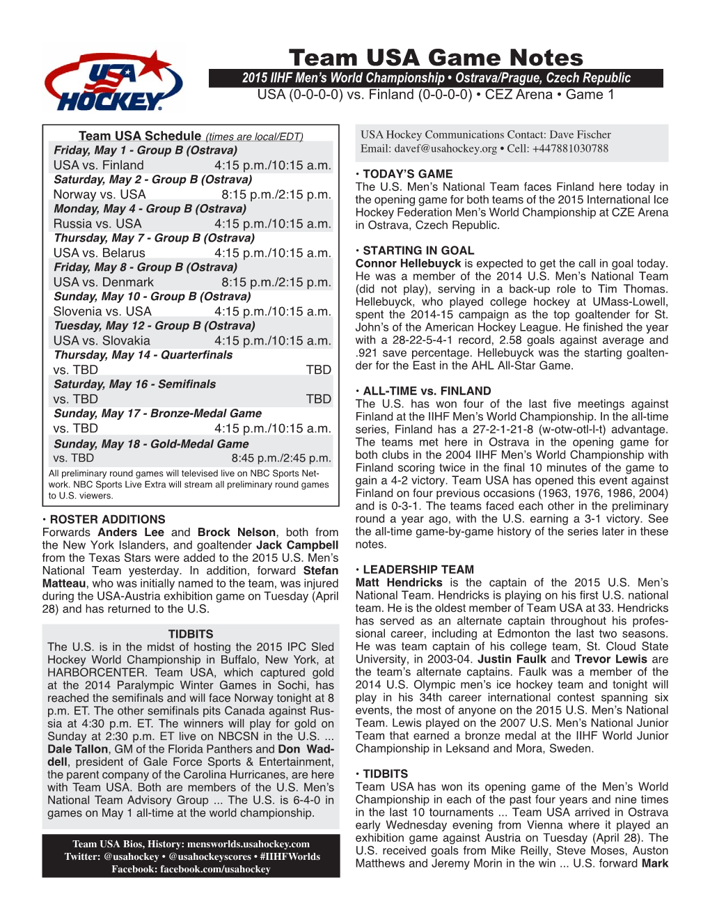 Game Notes Vs. Finland • Friday, May 1, 2015 • 2015 IIHF Men’S World Championship • Page Two