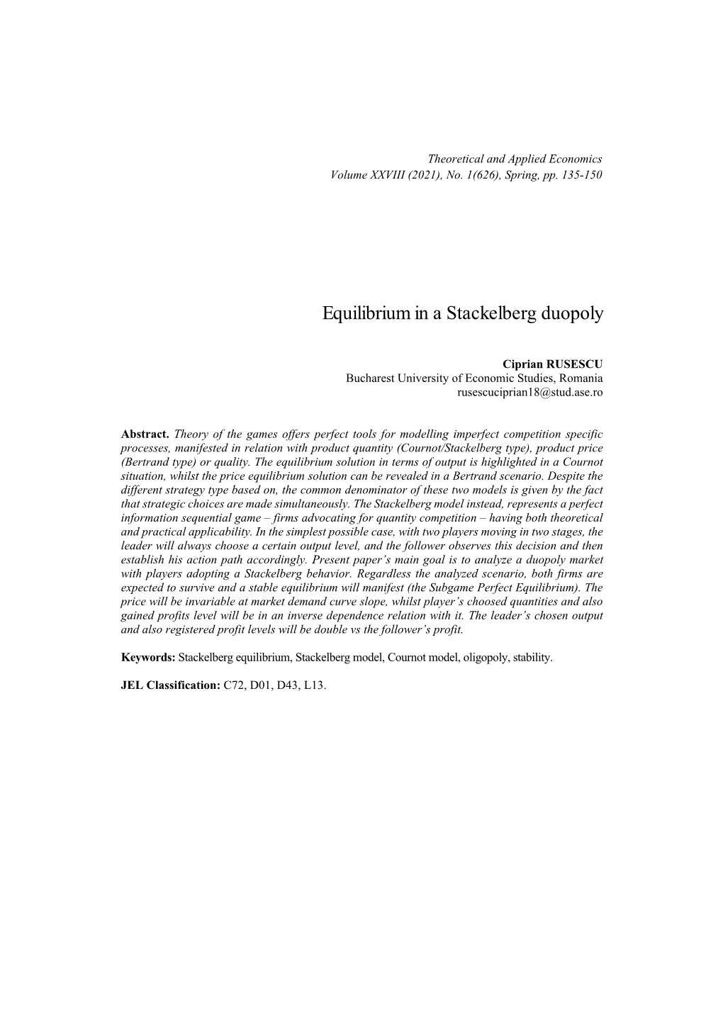 Equilibrium in a Stackelberg Duopoly