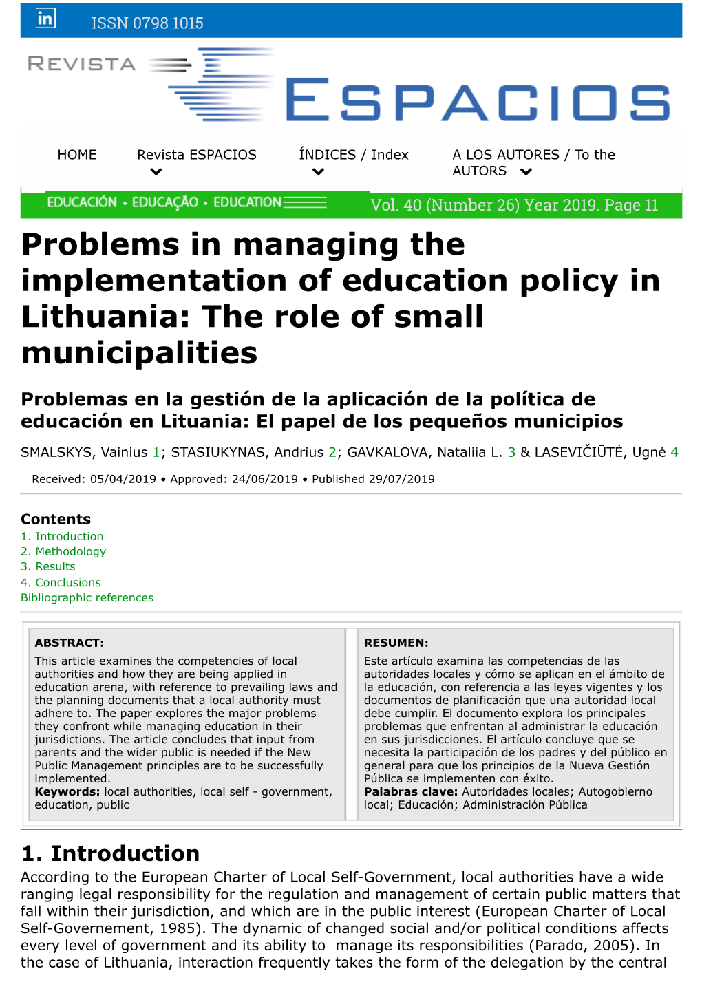 Problems in Managing the Implementation of Education Policy in Lithuania: the Role of Small Municipalities