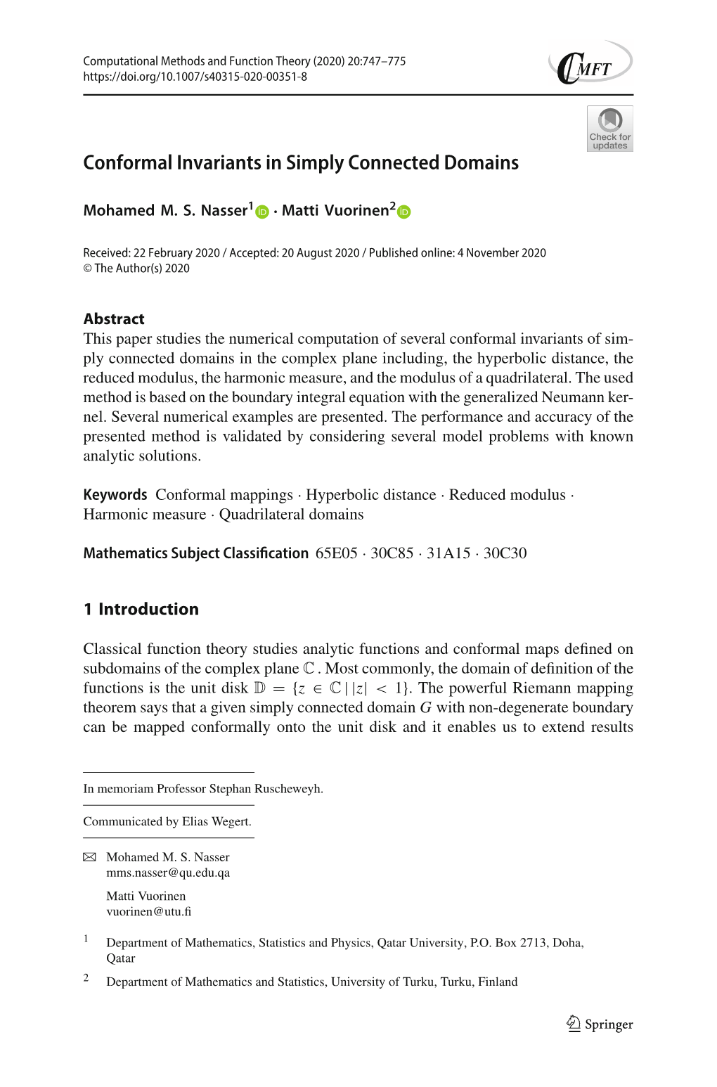 Conformal Invariants in Simply Connected Domains