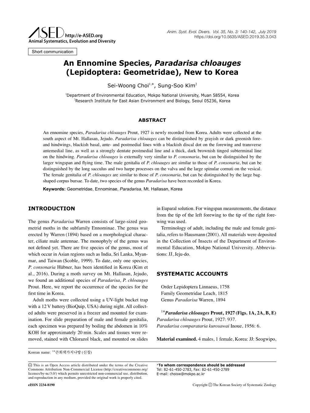 An Ennomine Species, Paradarisa Chloauges (Lepidoptera: Geometridae), New to Korea