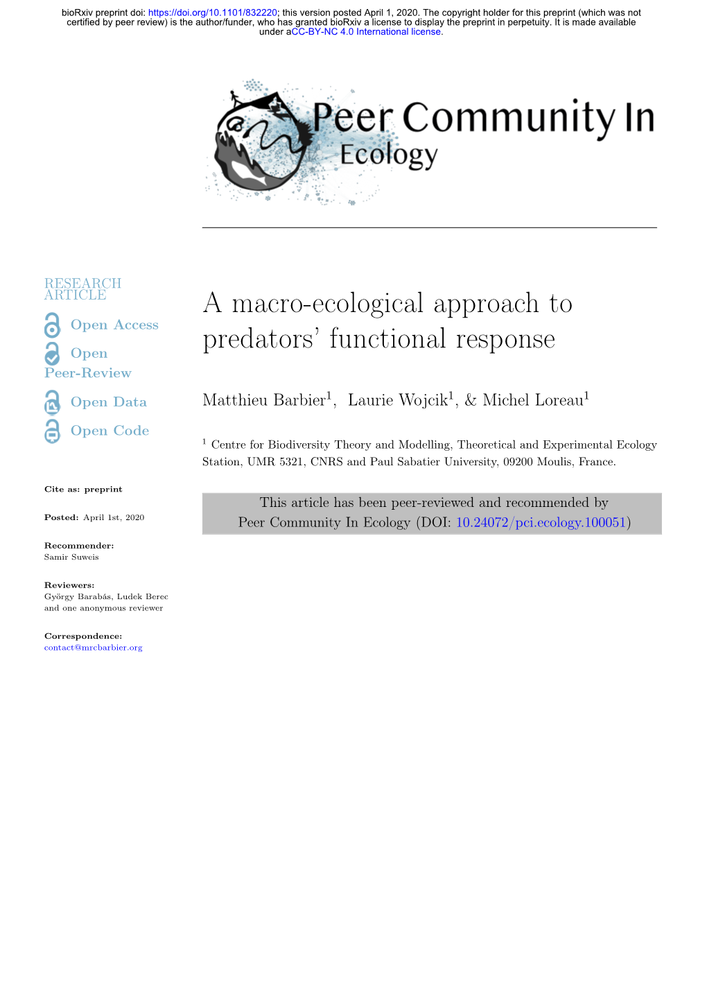 A Macro-Ecological Approach to Predators' Functional Response