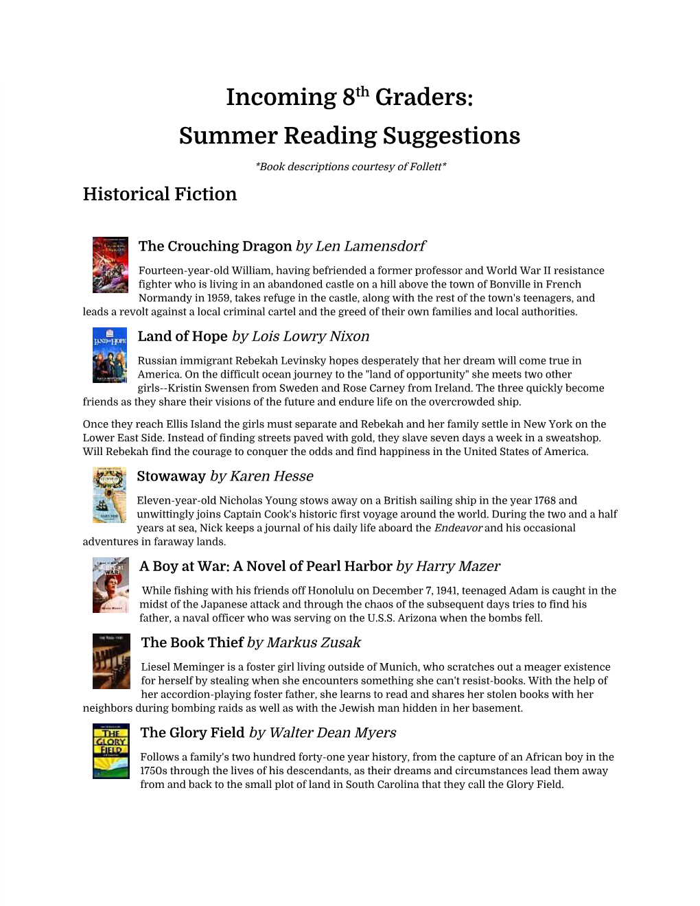 Incoming 8Th Graders: Summer Reading Suggestions