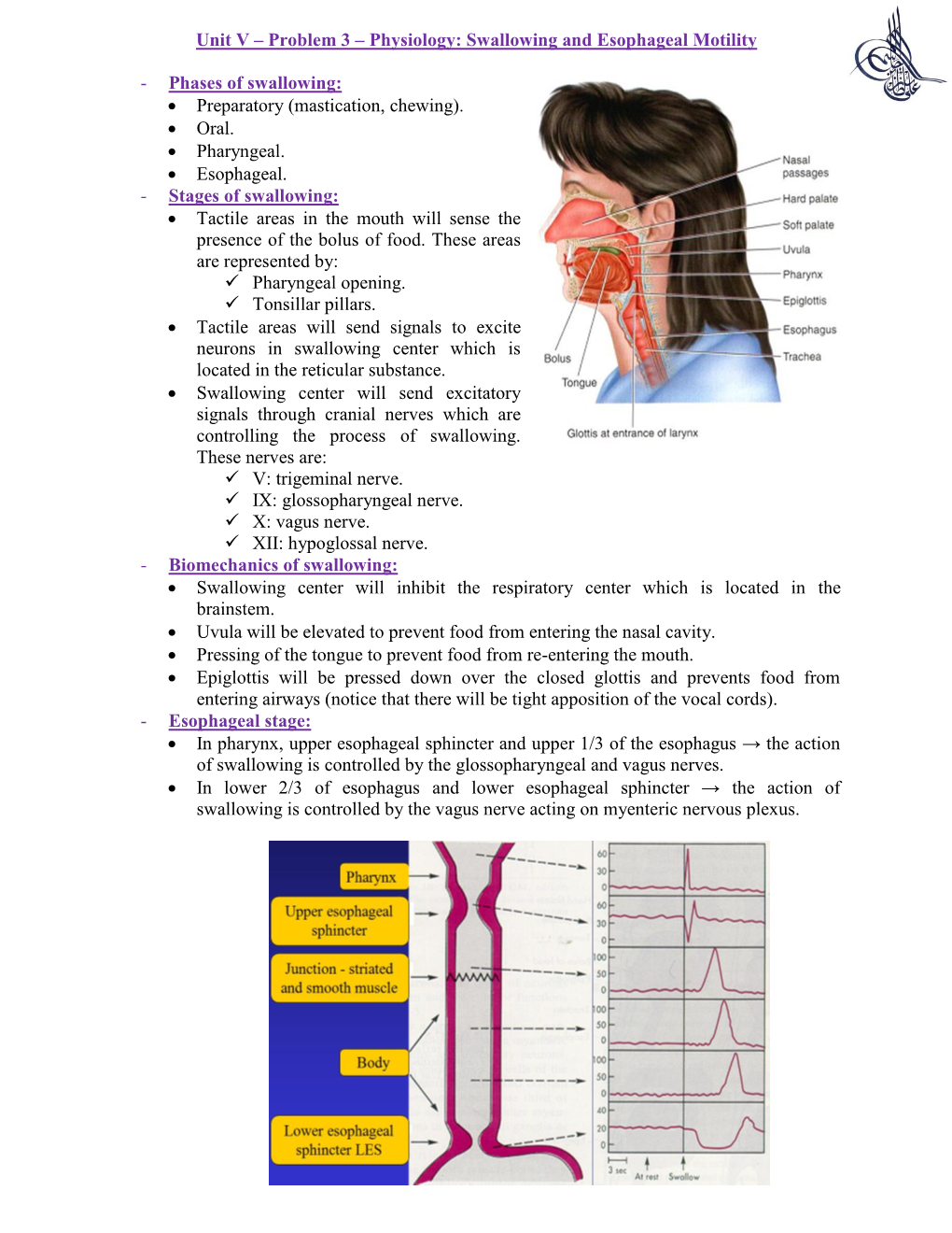 Unit V – Problem 3 – Physiology: Swallowing and Esophageal Motility