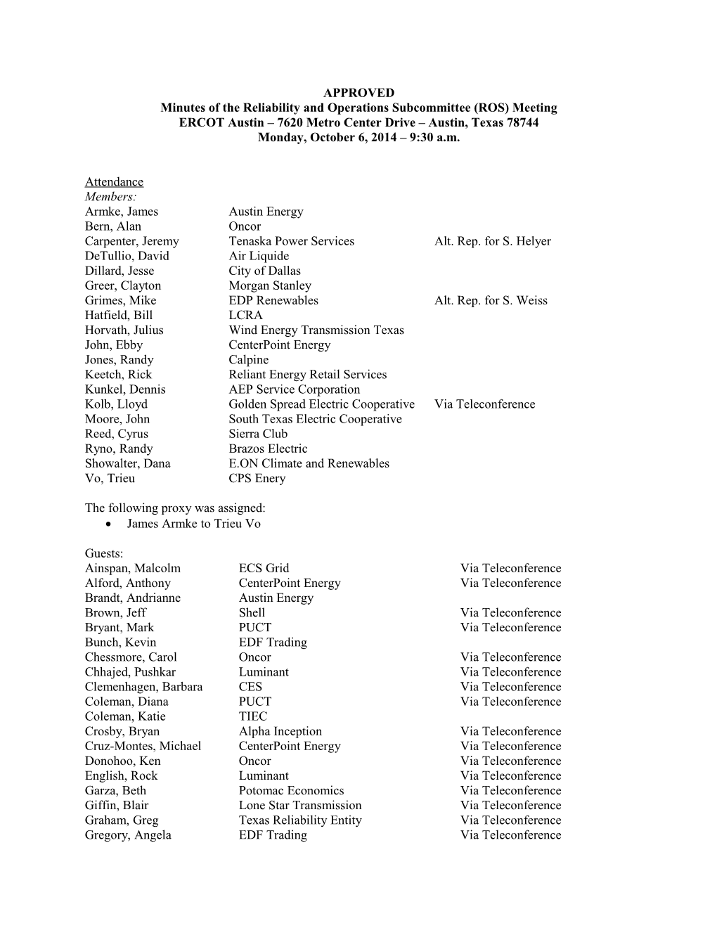 Minutes of the Reliability and Operations Subcommittee (ROS) Meeting