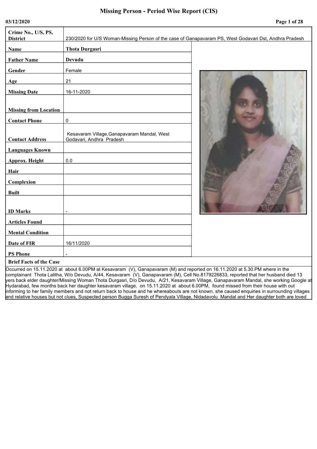 Missing Person - Period Wise Report (CIS) 03/12/2020 Page 1 of 28