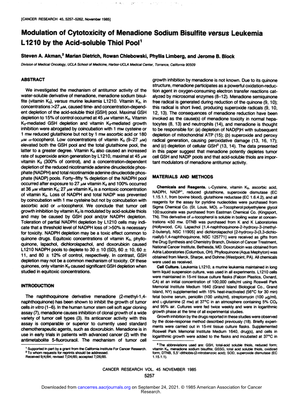 Modulation of Cytotoxicity of Menadione Sodium Bisulfite Versus Leukemia L1210 by the Acid-Soluble Thiol Pool1