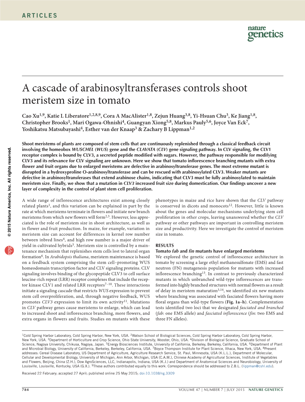 A Cascade of Arabinosyltransferases Controls Shoot Meristem Size in Tomato