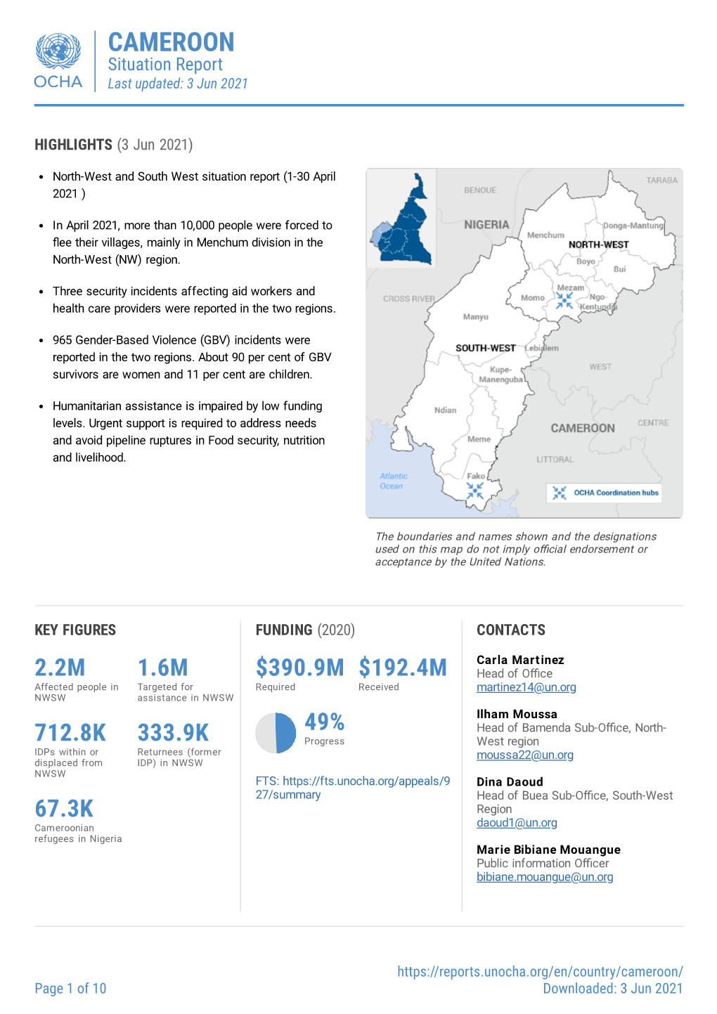 CAMEROON Situation Report Last Updated: 3 Jun 2021